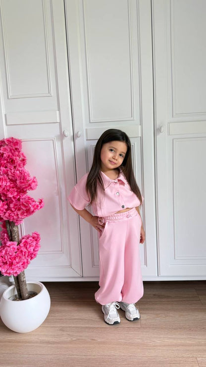 Kız çocuk pembe oys kumaş crop ayarlanabilir takim