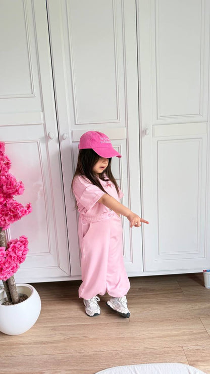 Kız çocuk pembe oys kumaş crop ayarlanabilir takim