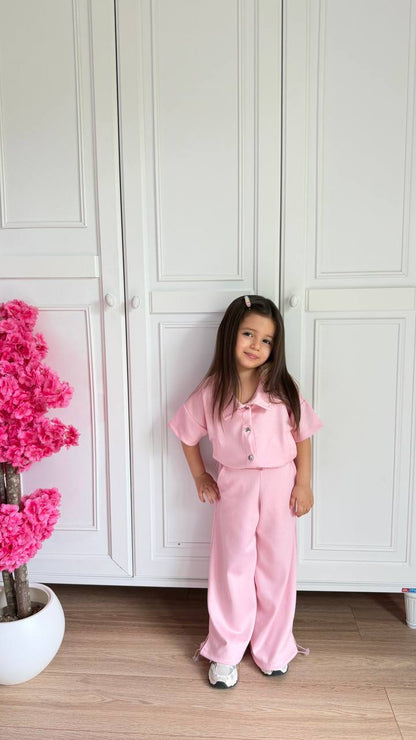 Kız çocuk pembe oys kumaş crop ayarlanabilir takim