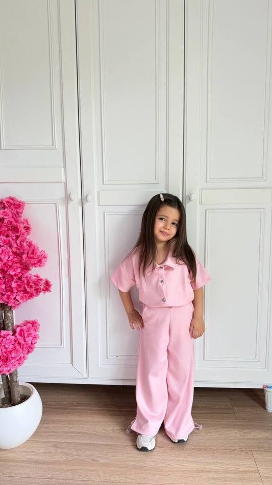 Kız çocuk pembe oys kumaş crop ayarlanabilir takim