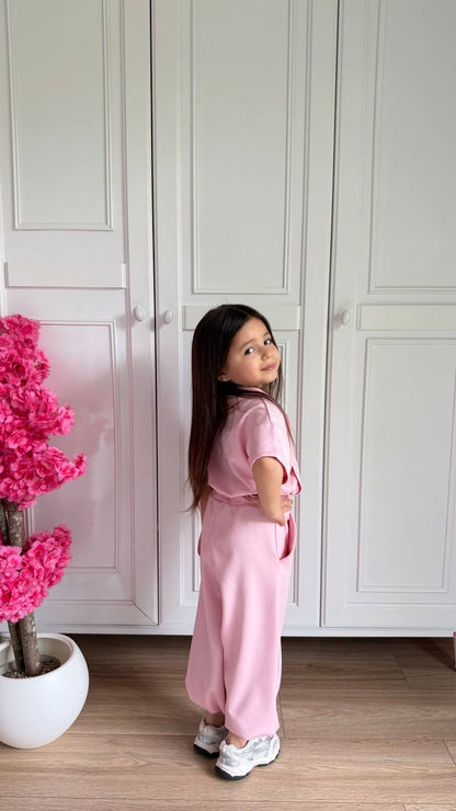 Kız çocuk pembe oys kumaş crop ayarlanabilir takim