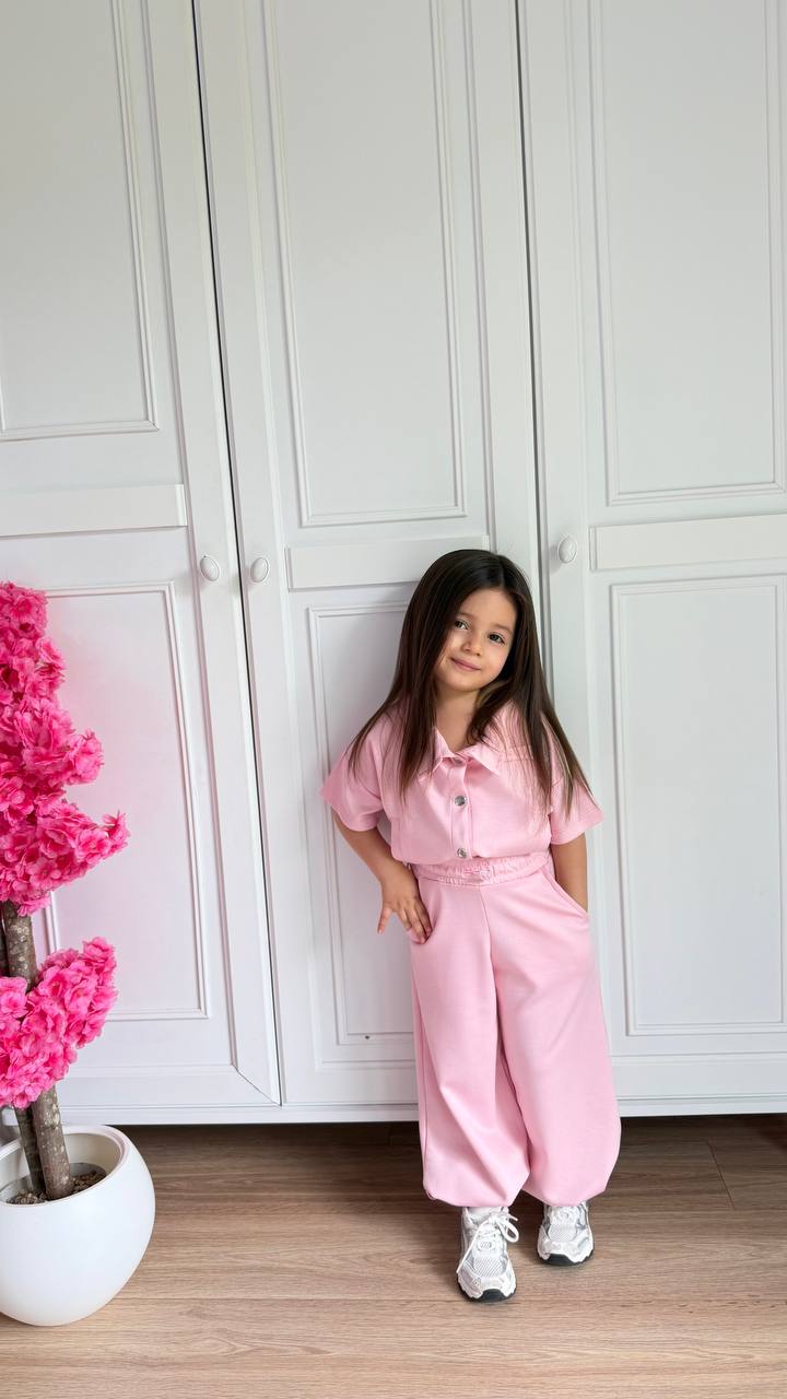 Kız çocuk pembe oys kumaş crop ayarlanabilir takim